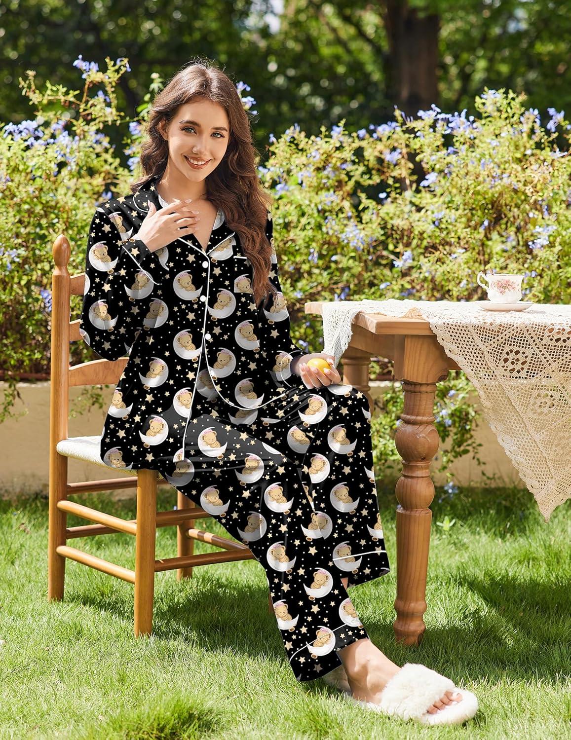 imageEkouaer Womens Satin Pajama Set Classic Pattern Silky Pj Sets Button Down Sleepwear LoungewearBlack Teddy Moon