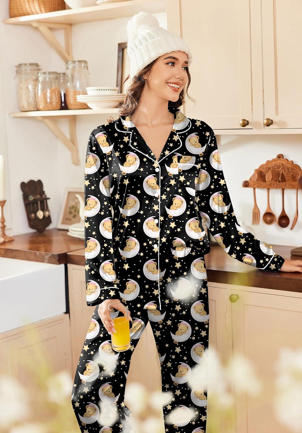 imageEkouaer Womens Satin Pajama Set Classic Pattern Silky Pj Sets Button Down Sleepwear LoungewearBlack Teddy Moon