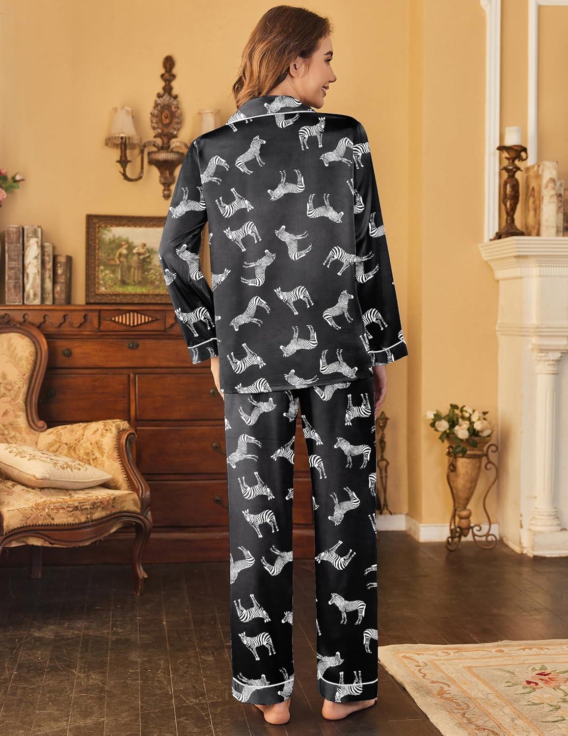 imageEkouaer Womens Satin Pajama Set Classic Pattern Silky Pj Sets Button Down Sleepwear LoungewearBlack Zebra
