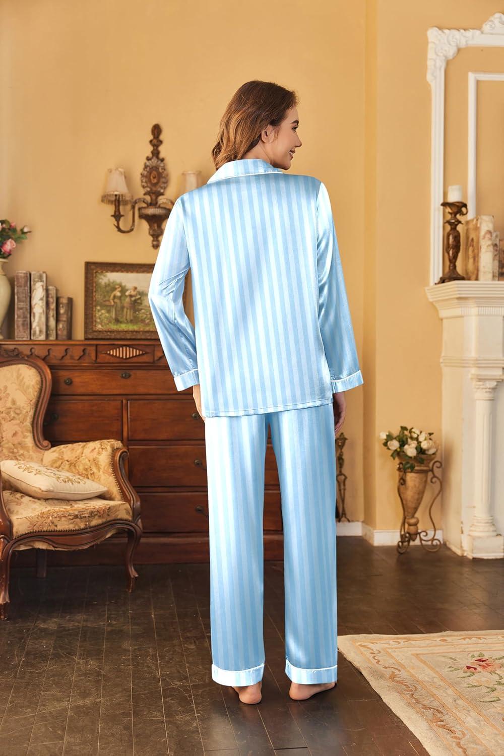 imageEkouaer Womens Satin Pajama Set Classic Pattern Silky Pj Sets Button Down Sleepwear LoungewearBlue Stripes