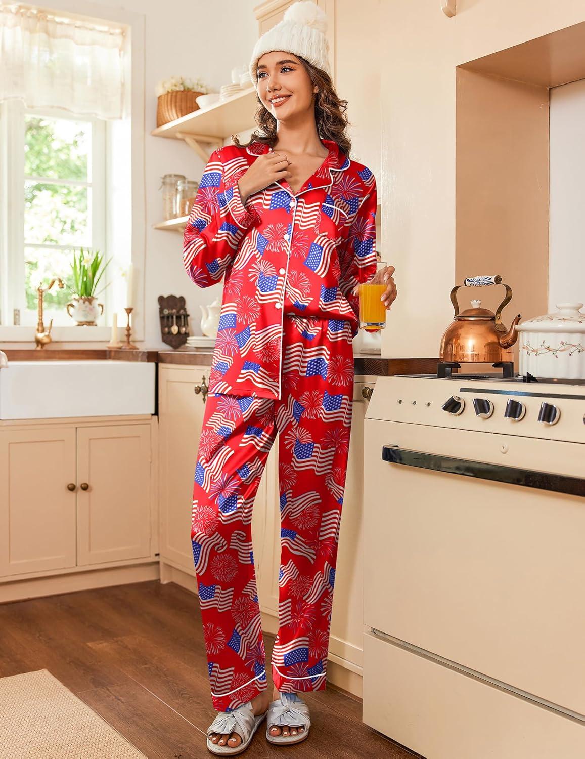 imageEkouaer Womens Satin Pajama Set Classic Pattern Silky Pj Sets Button Down Sleepwear LoungewearFlag