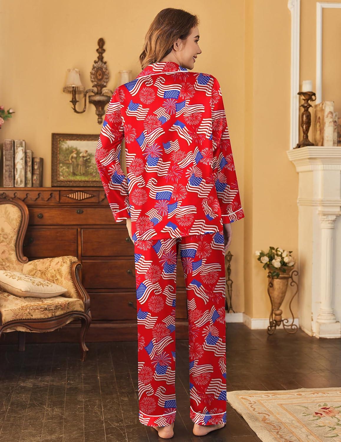imageEkouaer Womens Satin Pajama Set Classic Pattern Silky Pj Sets Button Down Sleepwear LoungewearFlag