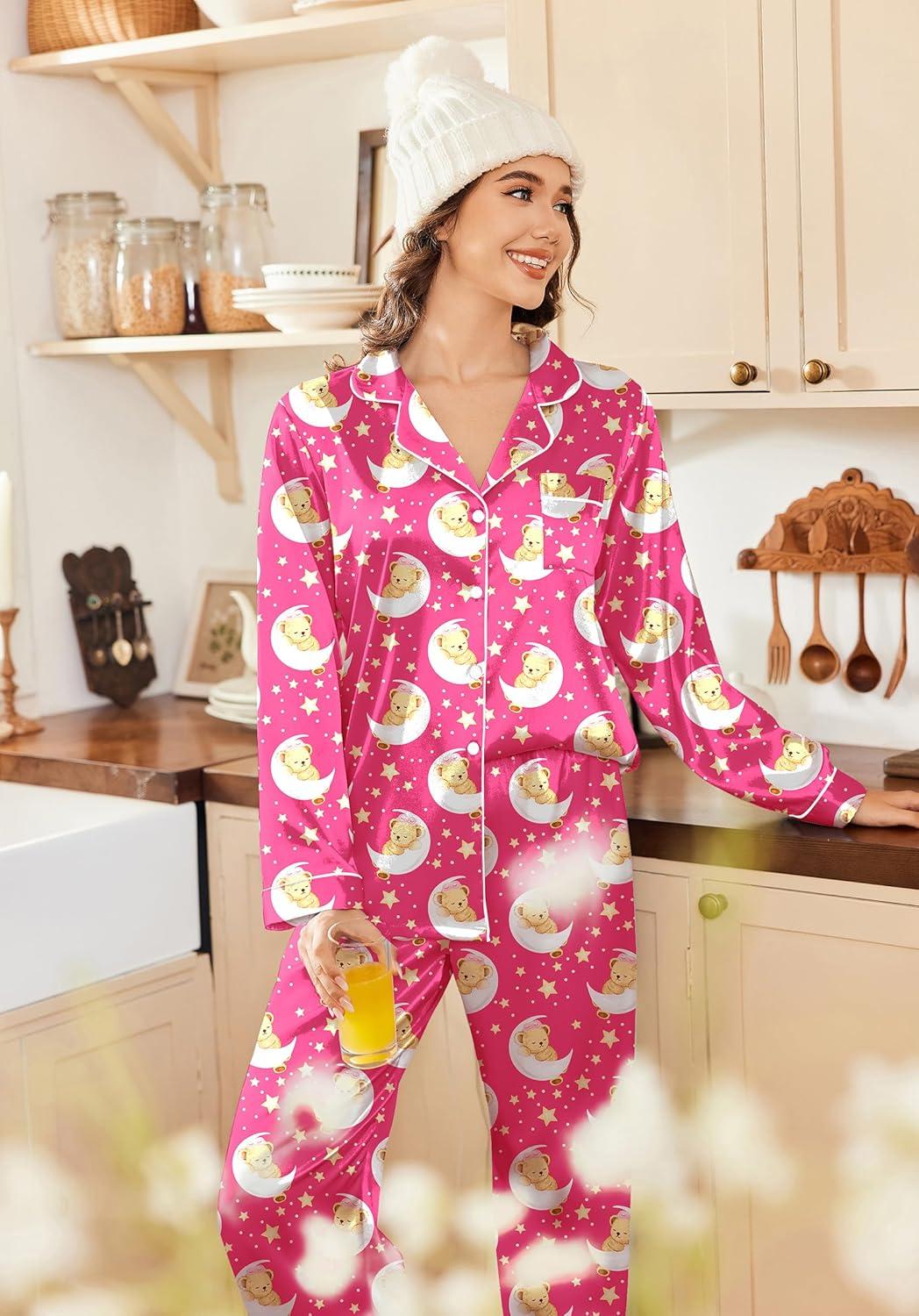 imageEkouaer Womens Satin Pajama Set Classic Pattern Silky Pj Sets Button Down Sleepwear LoungewearRose Teddy Moon