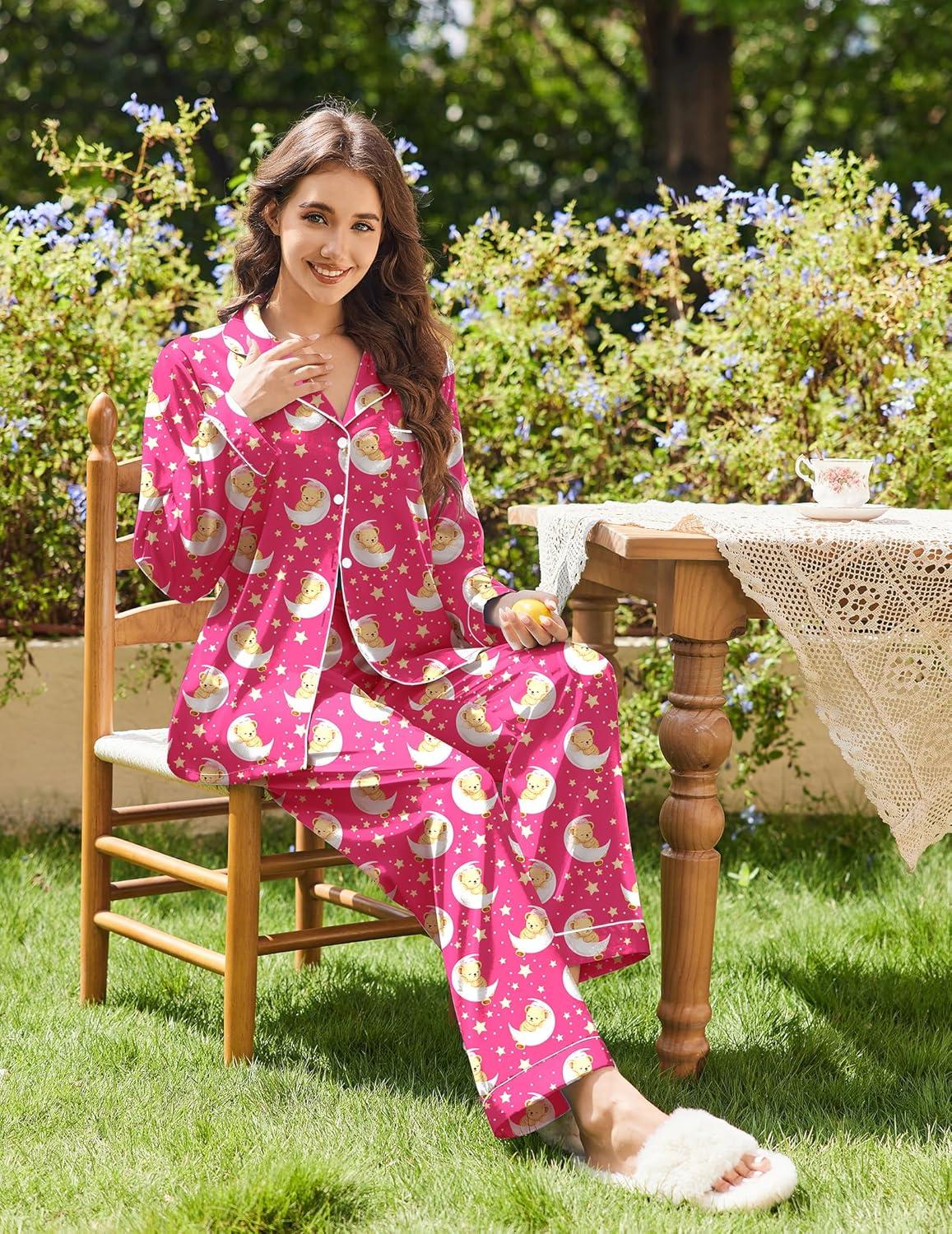 imageEkouaer Womens Satin Pajama Set Classic Pattern Silky Pj Sets Button Down Sleepwear LoungewearRose Teddy Moon