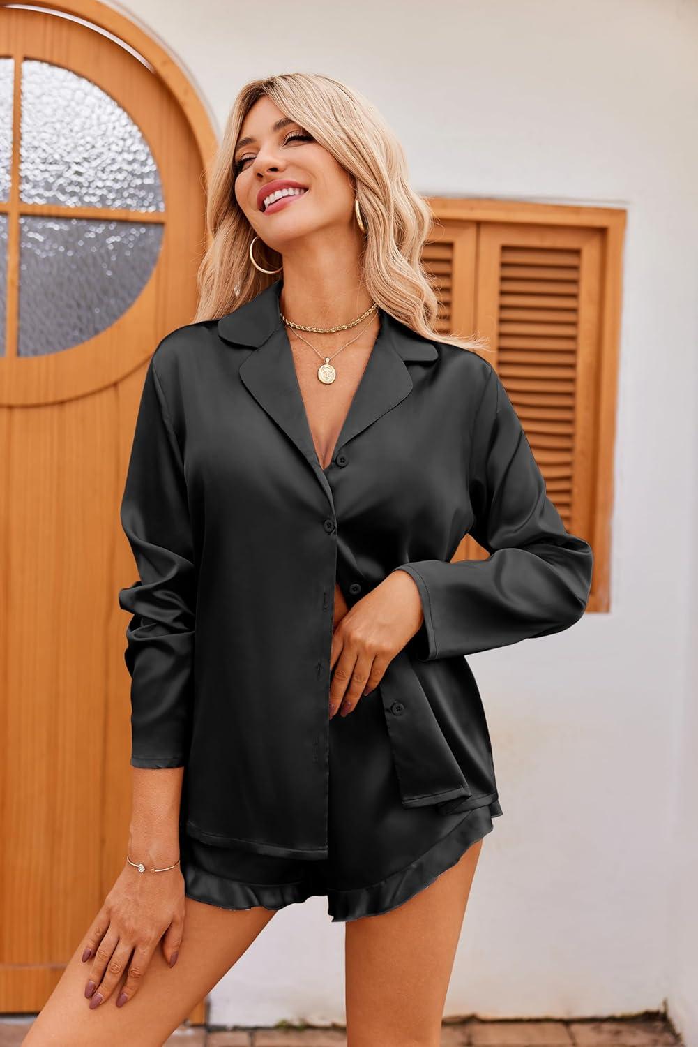 imageEkouaer Womens Satin Pajama Sets Long Sleeve Top and Shorts Lounge Set Button Down SleepwearBlack