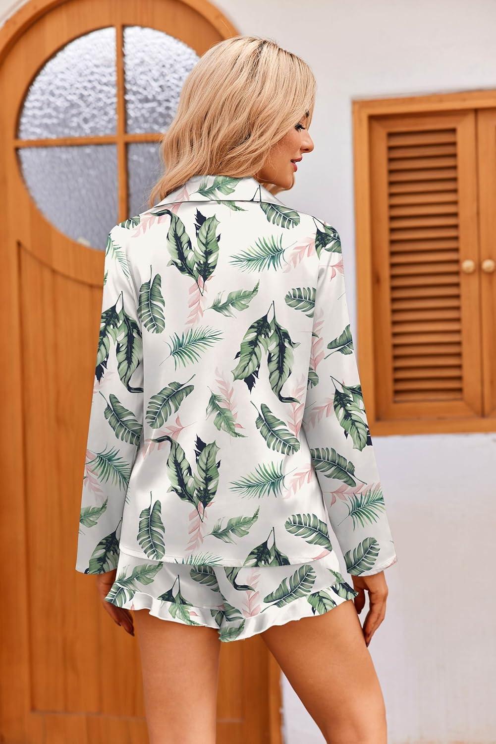 imageEkouaer Womens Satin Pajama Sets Long Sleeve Top and Shorts Lounge Set Button Down SleepwearPink Leaf