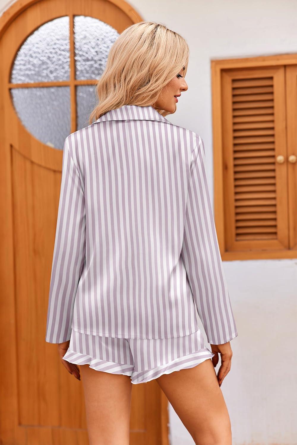 imageEkouaer Womens Satin Pajama Sets Long Sleeve Top and Shorts Lounge Set Button Down SleepwearStriped Purple