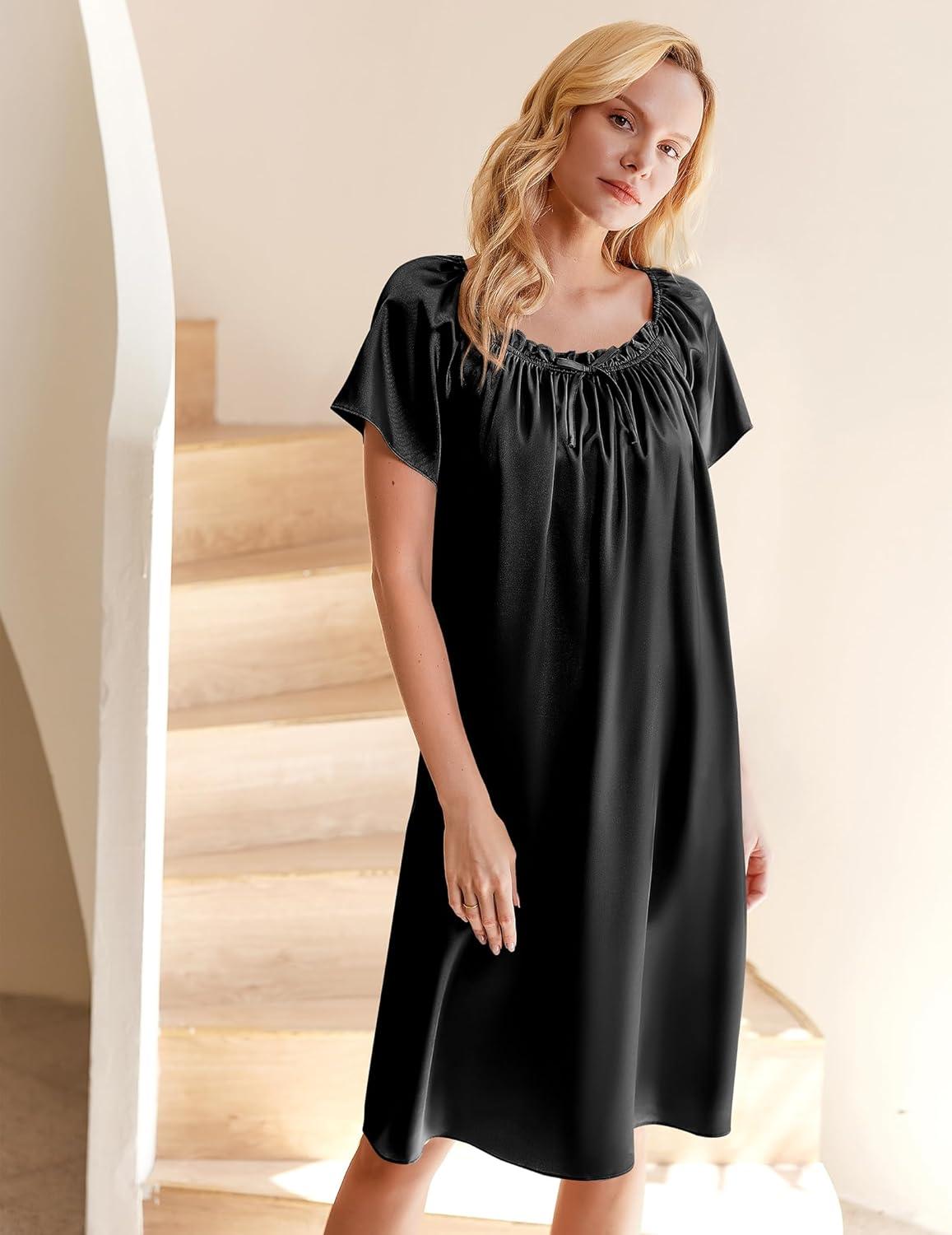 imageEkouaer Womens Satin Silk Pleated Nightgown Loose Sleepwear Printed Nightshirt Short Sleeve Sleep DressBlack