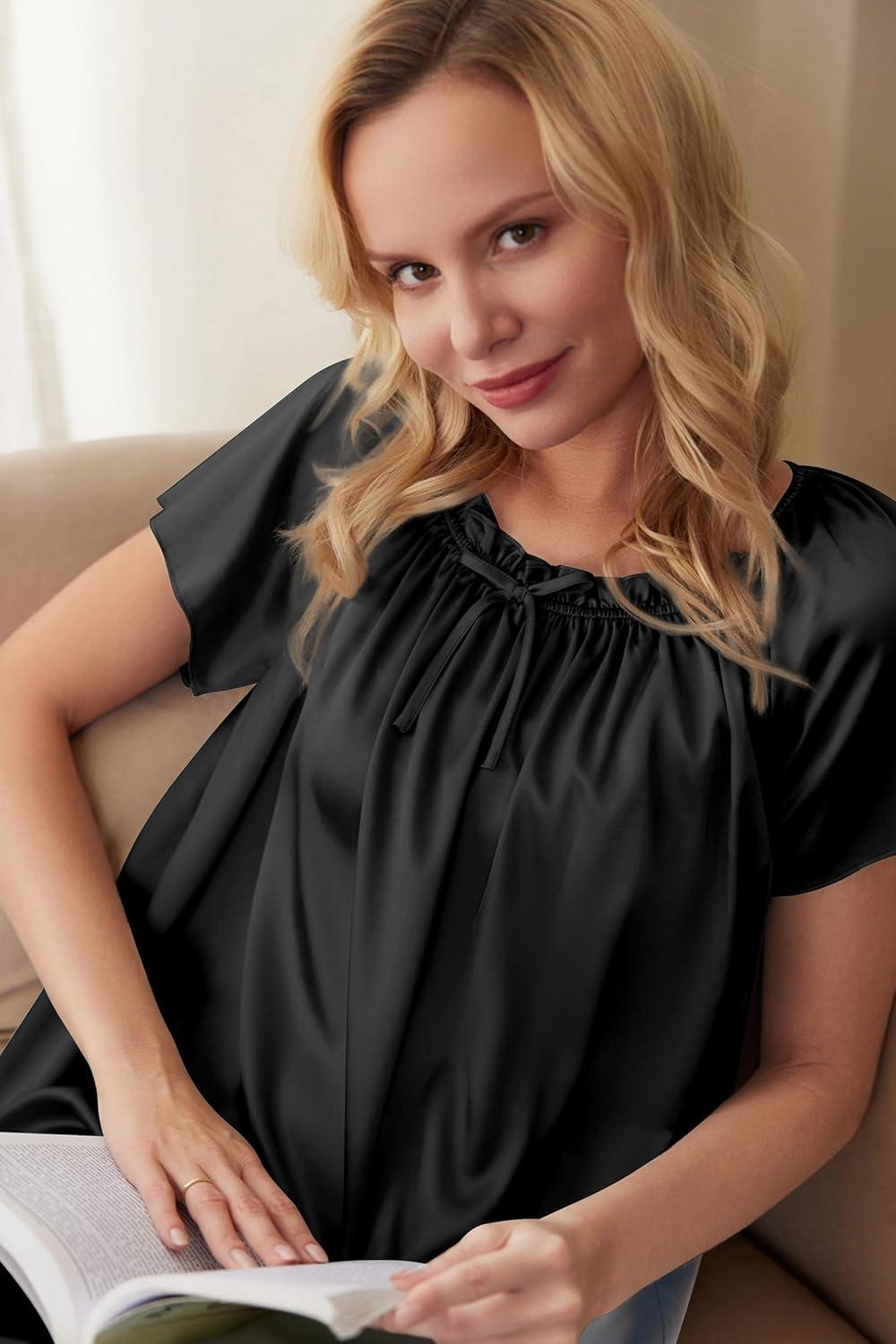 imageEkouaer Womens Satin Silk Pleated Nightgown Loose Sleepwear Printed Nightshirt Short Sleeve Sleep DressBlack