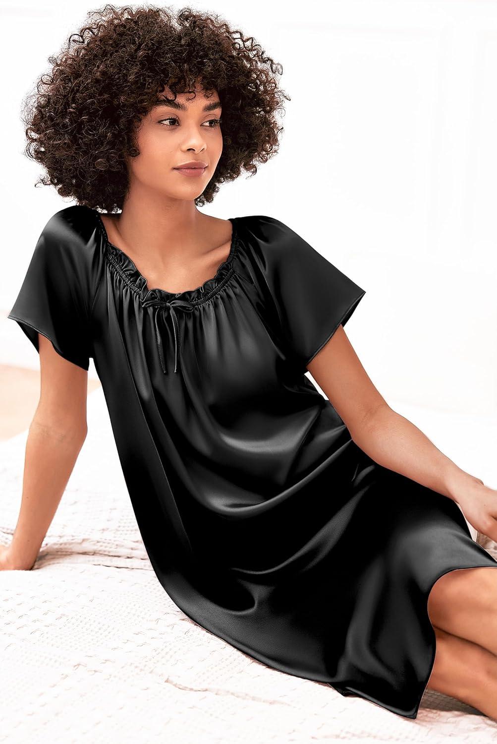imageEkouaer Womens Satin Silk Pleated Nightgown Loose Sleepwear Printed Nightshirt Short Sleeve Sleep DressBlack
