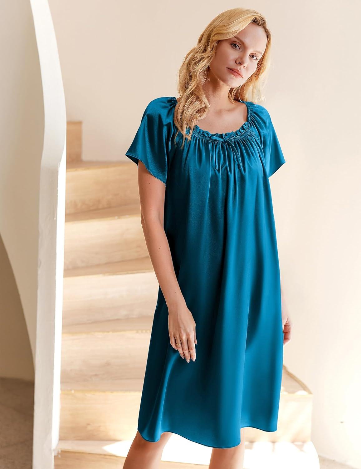 imageEkouaer Womens Satin Silk Pleated Nightgown Loose Sleepwear Printed Nightshirt Short Sleeve Sleep DressDeep Blue