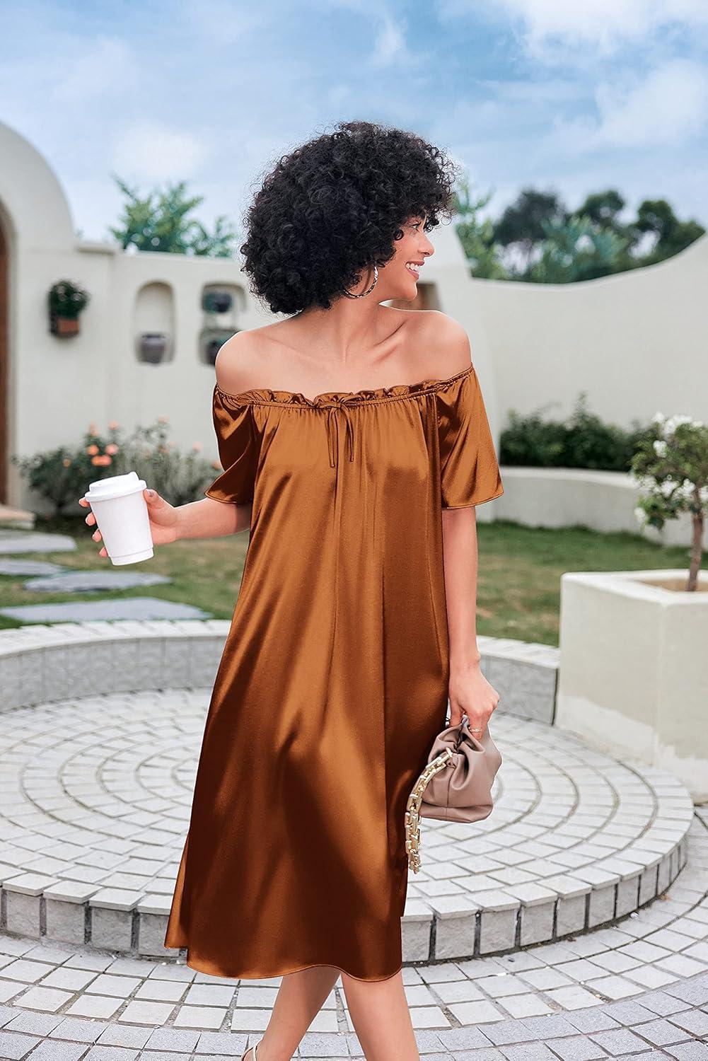 imageEkouaer Womens Satin Silk Pleated Nightgown Loose Sleepwear Printed Nightshirt Short Sleeve Sleep DressLight Brown