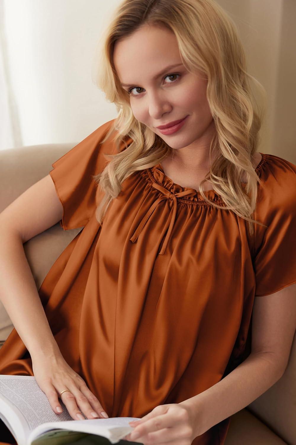 imageEkouaer Womens Satin Silk Pleated Nightgown Loose Sleepwear Printed Nightshirt Short Sleeve Sleep DressLight Brown