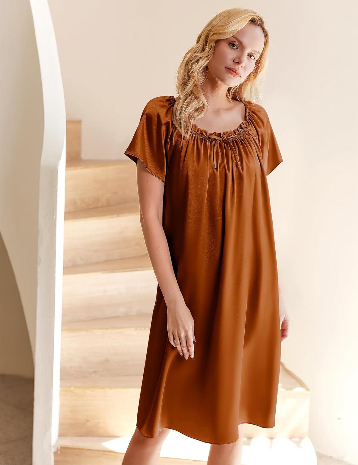 imageEkouaer Womens Satin Silk Pleated Nightgown Loose Sleepwear Printed Nightshirt Short Sleeve Sleep DressLight Brown
