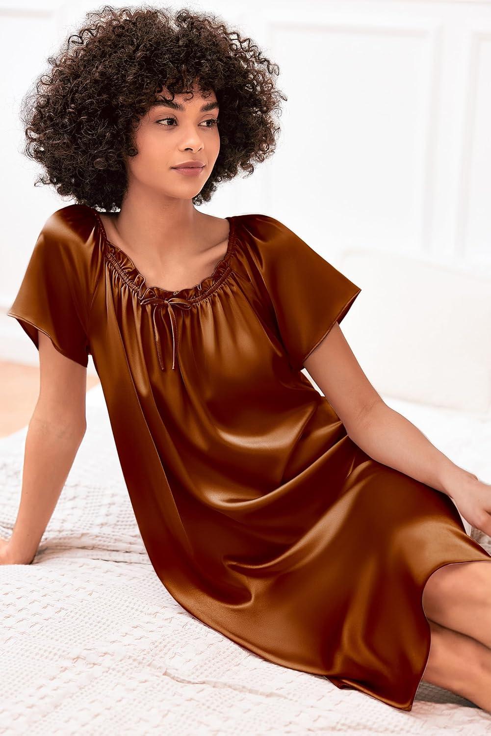 imageEkouaer Womens Satin Silk Pleated Nightgown Loose Sleepwear Printed Nightshirt Short Sleeve Sleep DressLight Brown