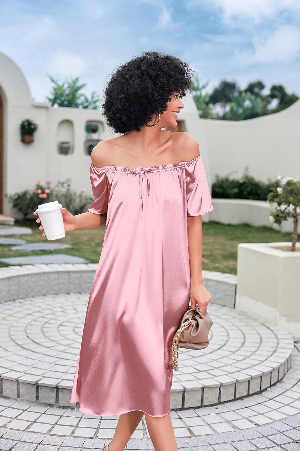 imageEkouaer Womens Satin Silk Pleated Nightgown Loose Sleepwear Printed Nightshirt Short Sleeve Sleep DressMedium Pink