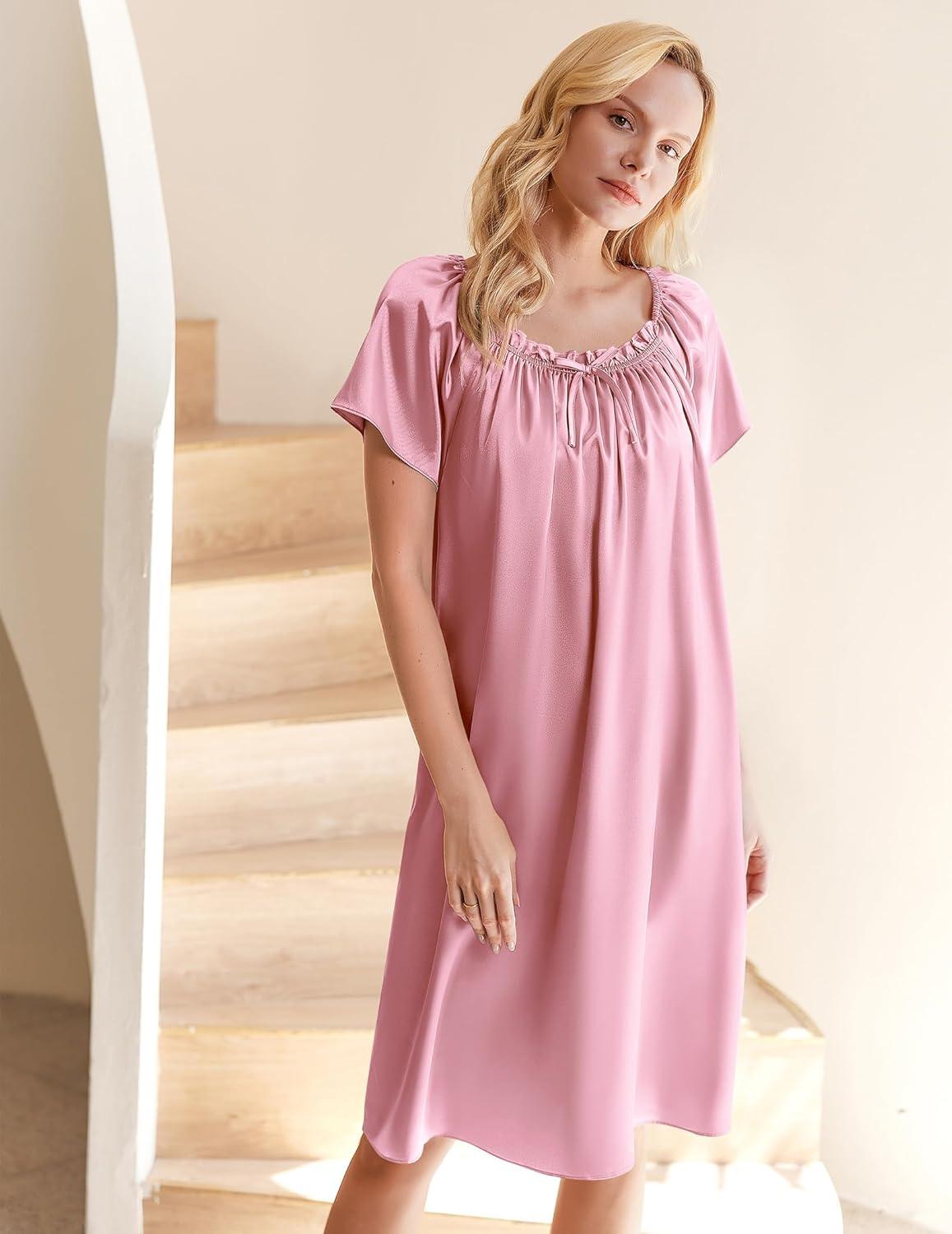 imageEkouaer Womens Satin Silk Pleated Nightgown Loose Sleepwear Printed Nightshirt Short Sleeve Sleep DressMedium Pink