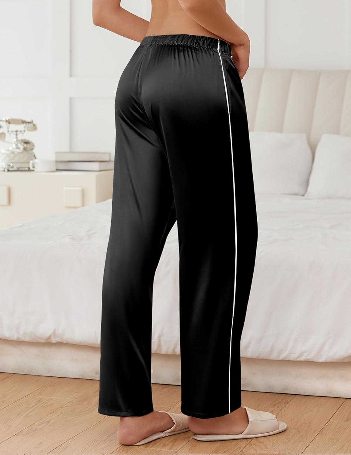 imageEkouaer Womens Silk Satin Pajama Pants Soft Comfy Loose Pj Pants Drawstring Elastic Waist Wide Leg Lounge Bottom with PocketsBlack