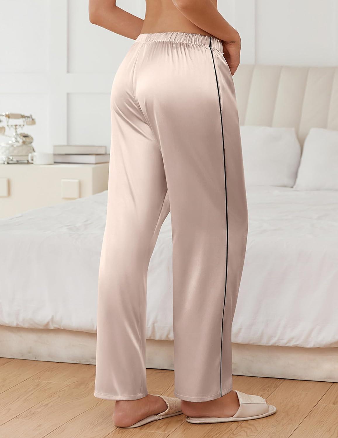 imageEkouaer Womens Silk Satin Pajama Pants Soft Comfy Loose Pj Pants Drawstring Elastic Waist Wide Leg Lounge Bottom with PocketsChampagne