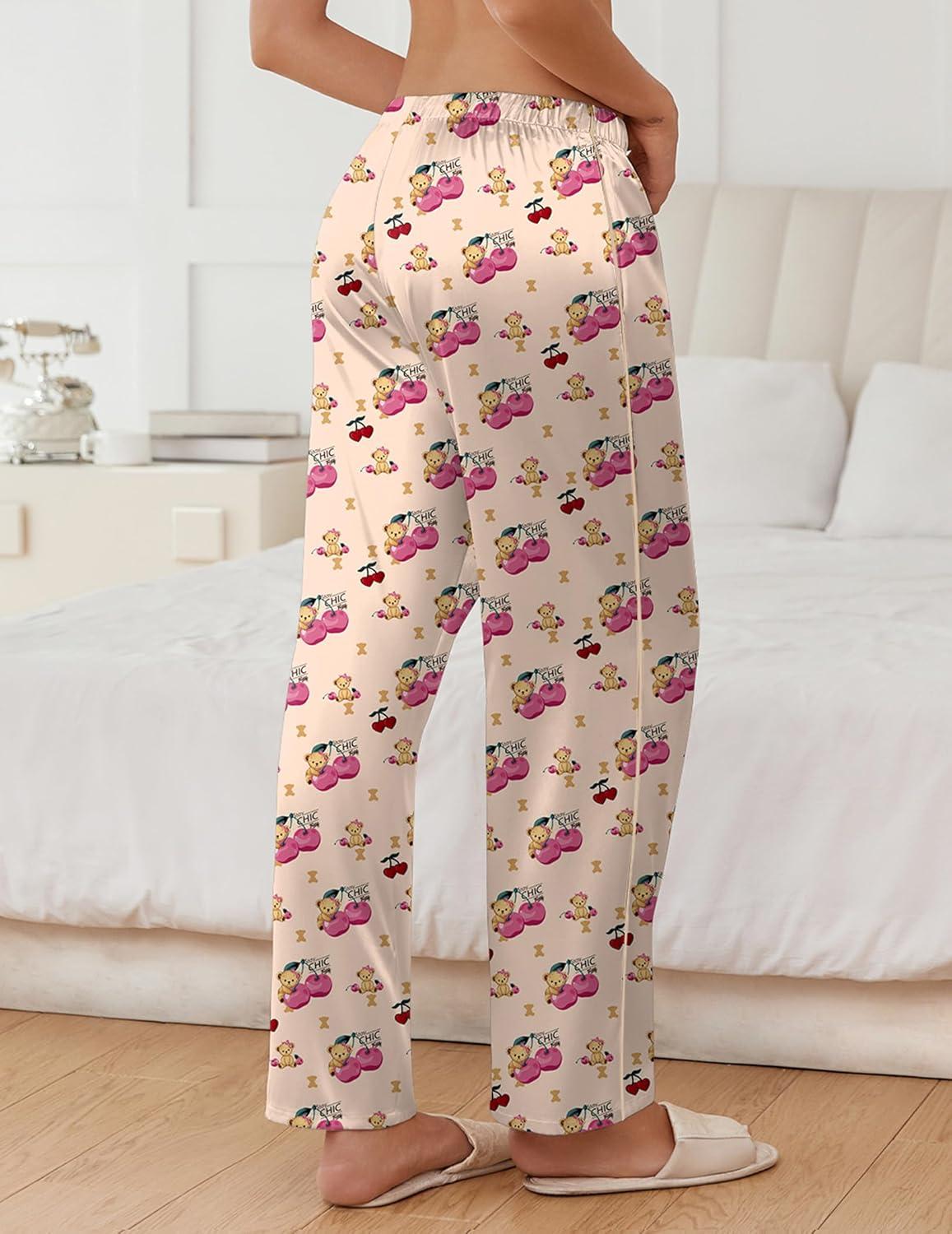 imageEkouaer Womens Silk Satin Pajama Pants Soft Comfy Loose Pj Pants Drawstring Elastic Waist Wide Leg Lounge Bottom with PocketsKhaki Cherry Teddy