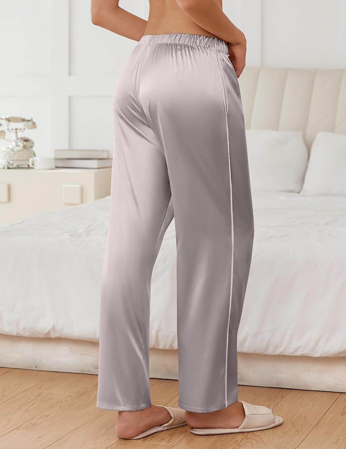 imageEkouaer Womens Silk Satin Pajama Pants Soft Comfy Loose Pj Pants Drawstring Elastic Waist Wide Leg Lounge Bottom with PocketsLight Gray