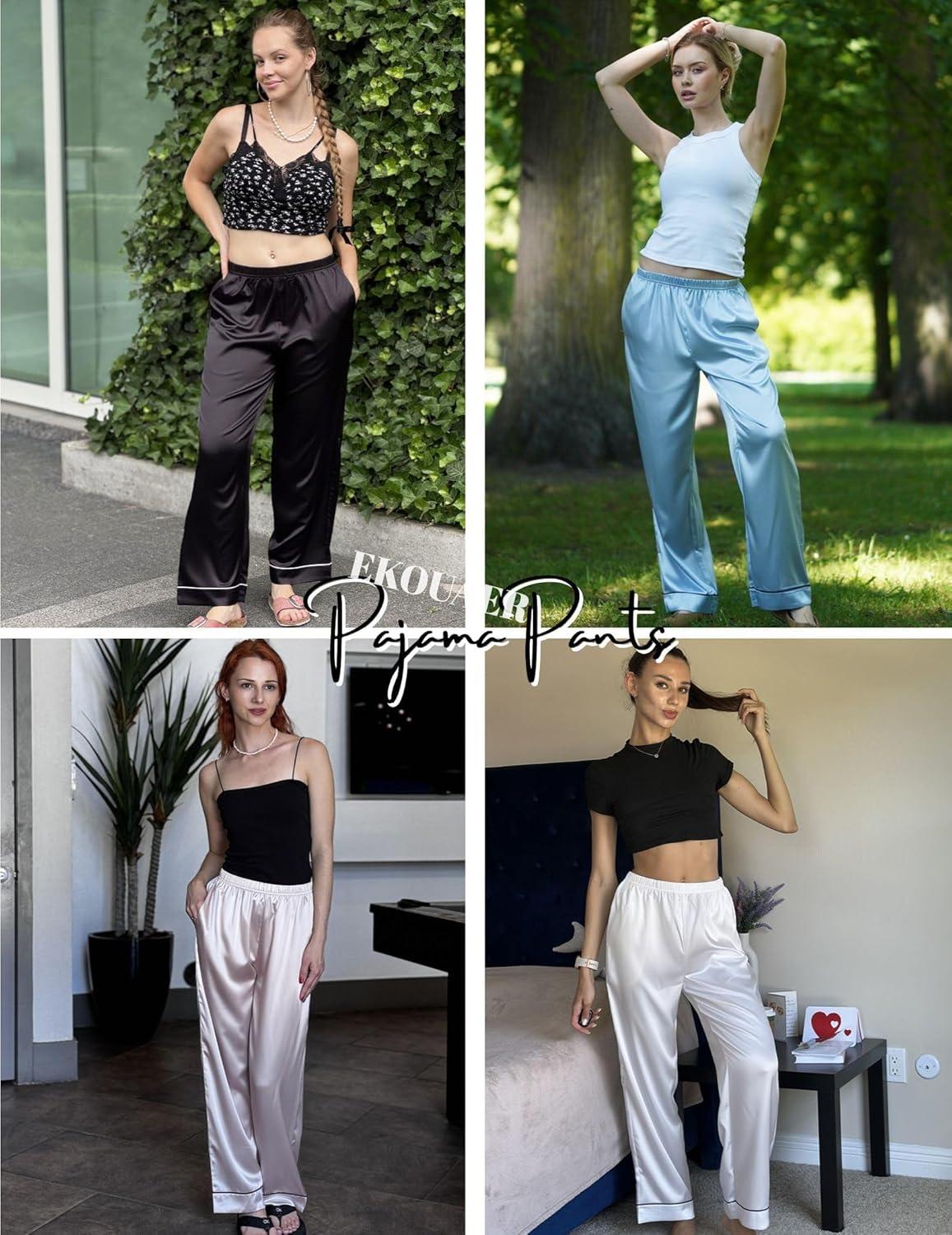 imageEkouaer Womens Silk Satin Pajama Pants Soft Loose Lounge Pants Lightweight Elastic Waist Wide Leg Pj Bottoms with PocketsBrown Dessert Teddy