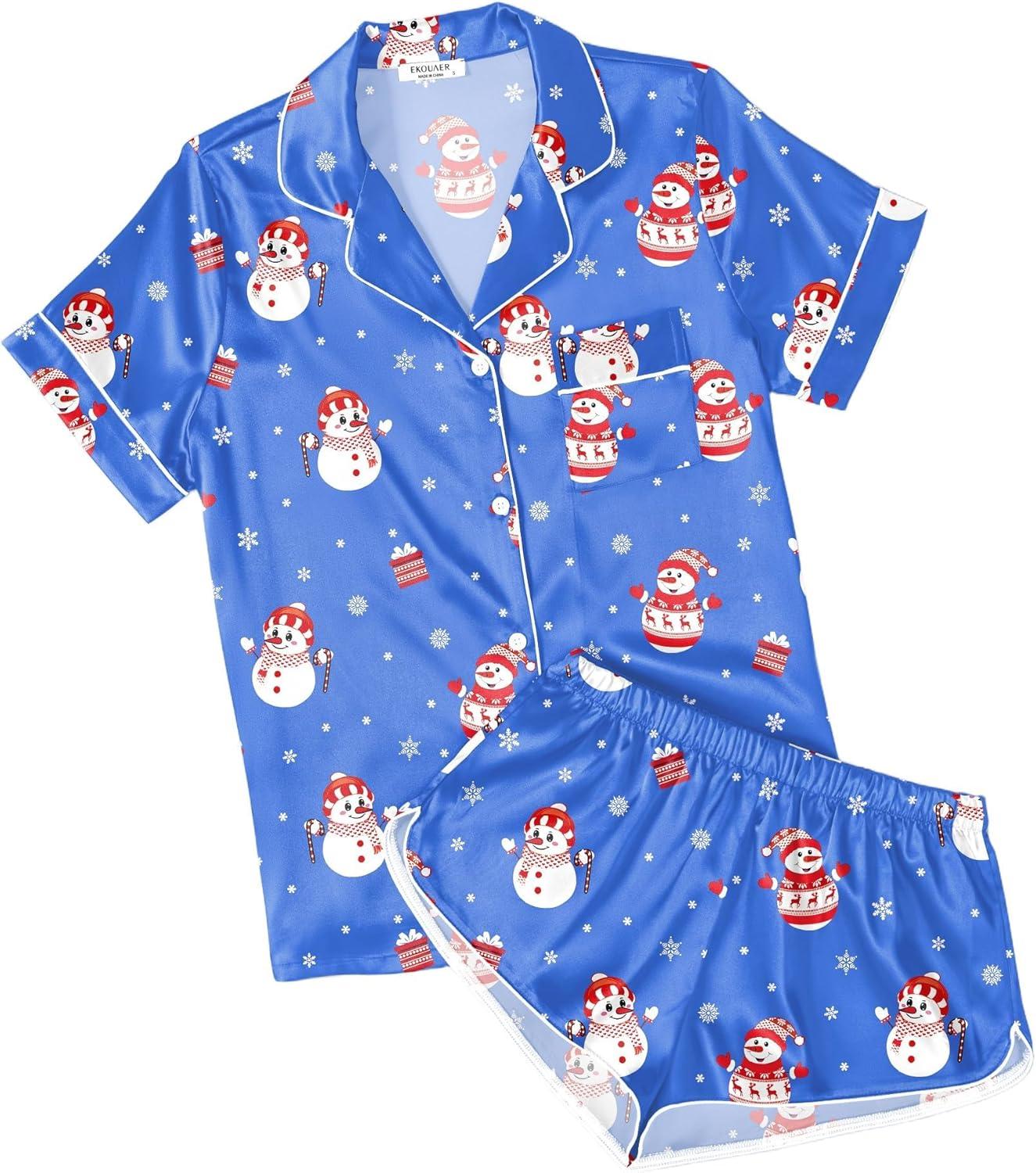 imageEkouaer Womens Silk Satin Pajamas Short Sleeve PJS Shorts Set Soft Button Down Sleepwear 2 Piece Loungewear S5XLBlue Christmas Snowman