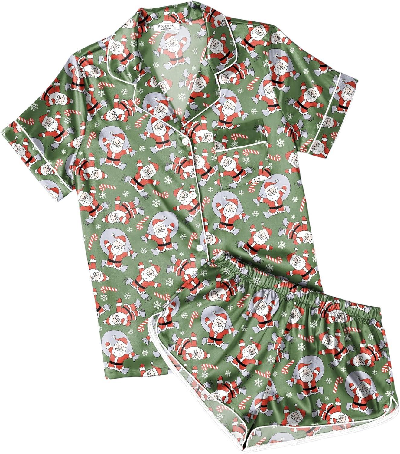 imageEkouaer Womens Silk Satin Pajamas Short Sleeve PJS Shorts Set Soft Button Down Sleepwear 2 Piece Loungewear S5XLGreen Christmas Snowman