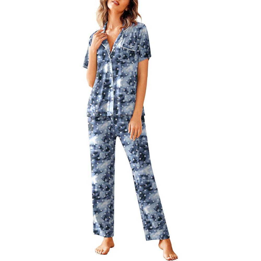imageAvidlove Women Pajamas Set Notch Collar Soft Sleepwear Pjs Short Sleeve Button Down Nightwear with Long PantsBlue Tiedye White Stars