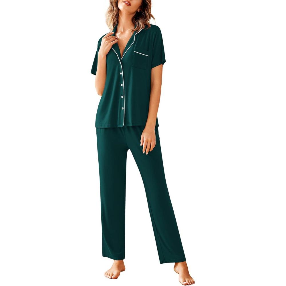 imageAvidlove Women Pajamas Set Notch Collar Soft Sleepwear Pjs Short Sleeve Button Down Nightwear with Long PantsGreen