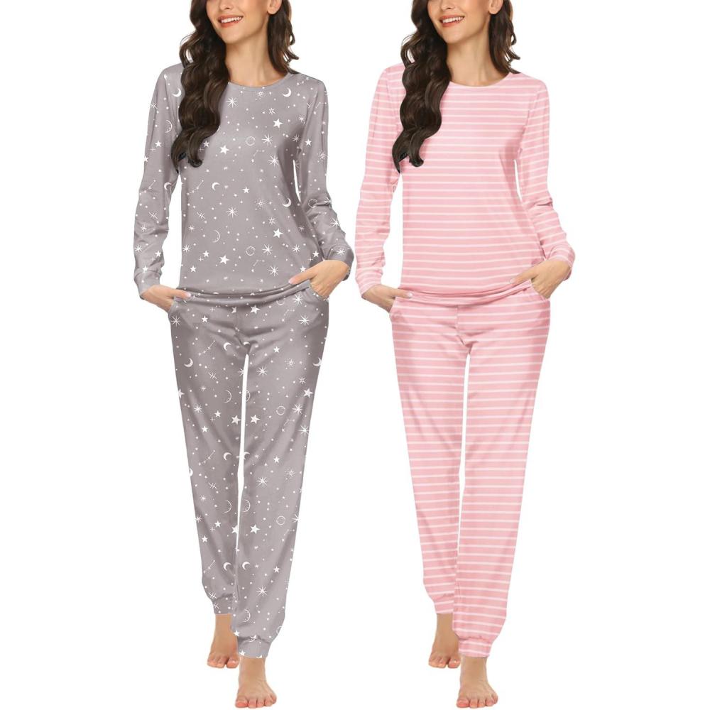 imageEkouaer 2 Pack Pajama Sets for WomenLong Sleeve Top With Jogger Pants Lounge Set Sleepwear with PocketsPink White Stripesgrey White Star