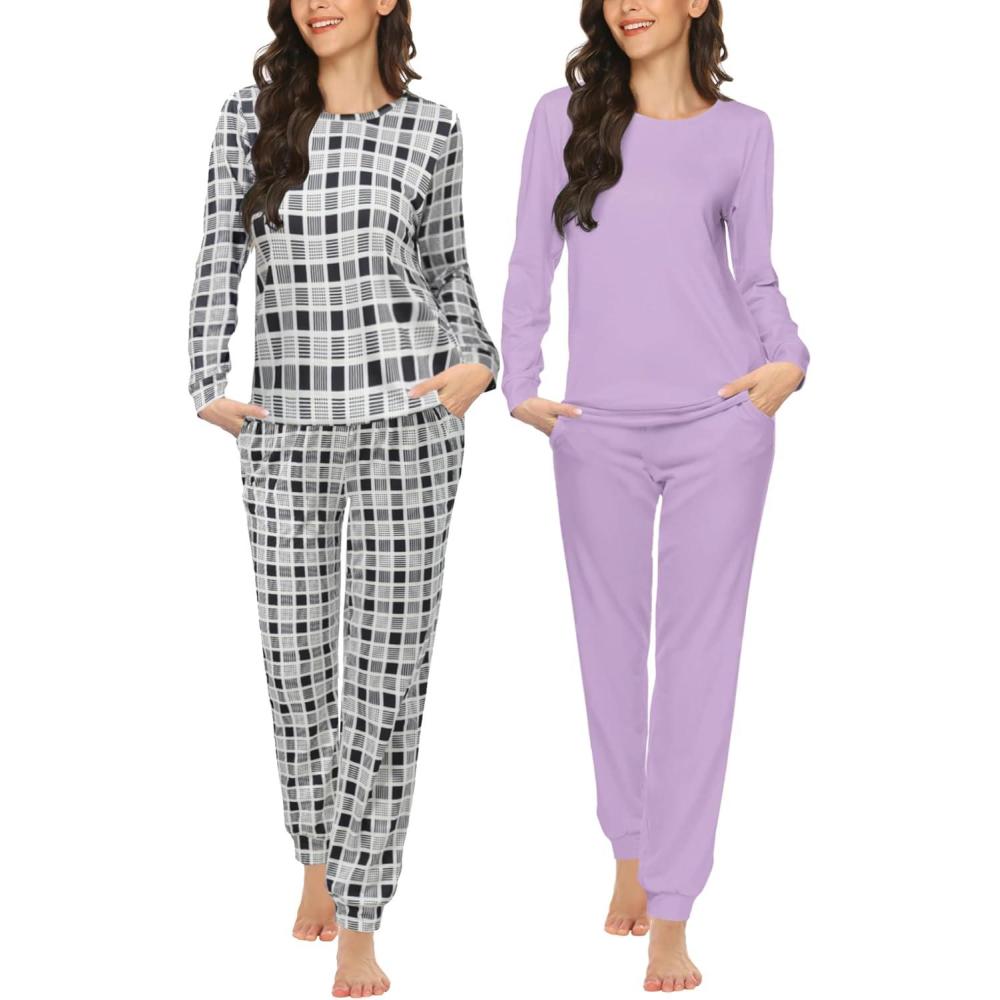imageEkouaer 2 Pack Pajama Sets for WomenLong Sleeve Top With Jogger Pants Lounge Set Sleepwear with PocketsPurpleblack Plaid
