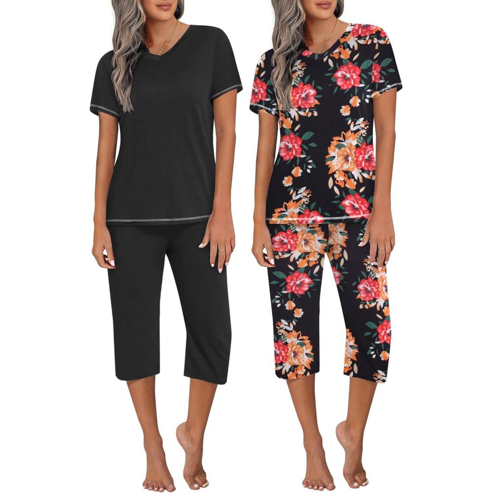 imageEkouaer 2 Pack Womens Capri Pajama Sets Short Sleeve TwoPiece Pjs V Neck Tops amp Pants Printed Lounge Sets S3XLBlack Flowerblack