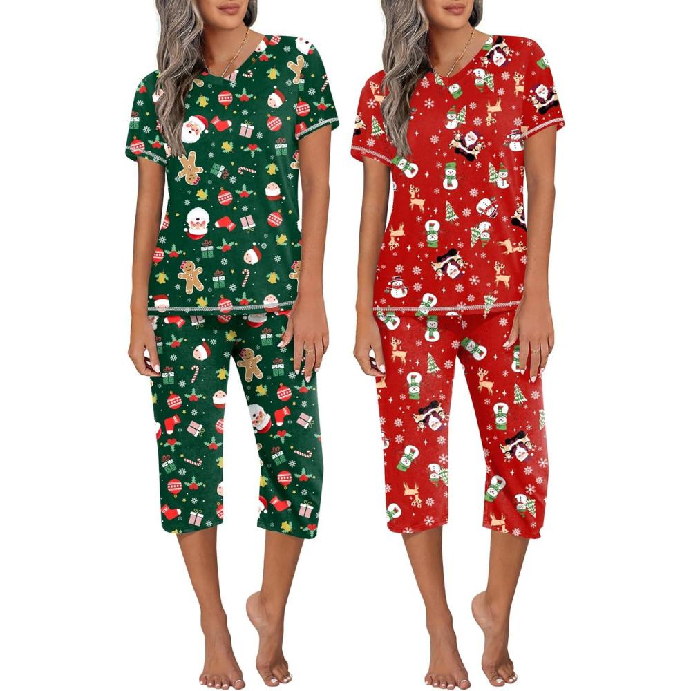 imageEkouaer 2 Pack Womens Capri Pajama Sets Short Sleeve TwoPiece Pjs V Neck Tops amp Pants Printed Lounge Sets S3XLGp19