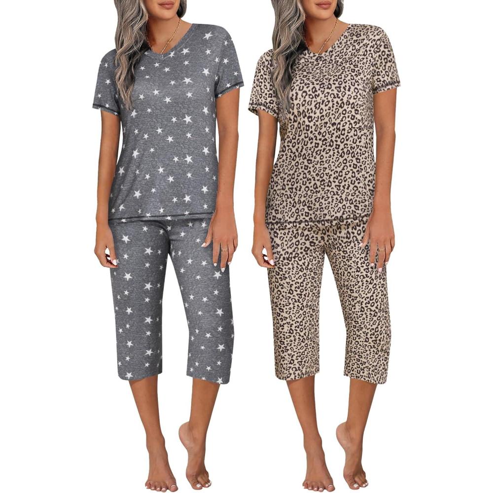 imageEkouaer 2 Pack Womens Capri Pajama Sets Short Sleeve TwoPiece Pjs V Neck Tops amp Pants Printed Lounge Sets S3XLGp2