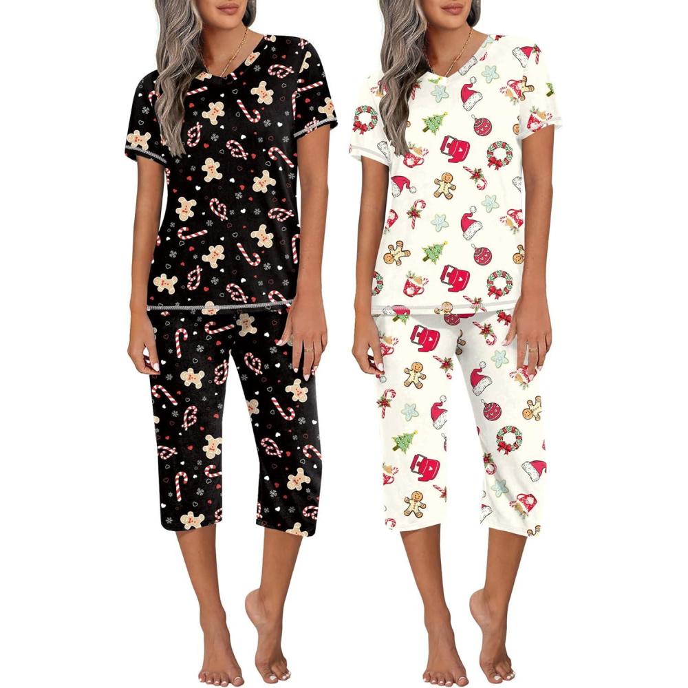 imageEkouaer 2 Pack Womens Capri Pajama Sets Short Sleeve TwoPiece Pjs V Neck Tops amp Pants Printed Lounge Sets S3XLGp20