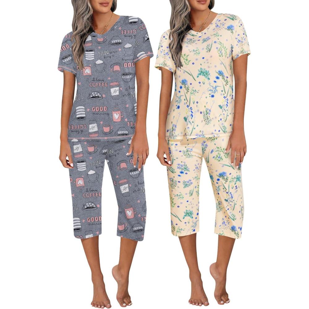imageEkouaer 2 Pack Womens Capri Pajama Sets Short Sleeve TwoPiece Pjs V Neck Tops amp Pants Printed Lounge Sets S3XLGp5