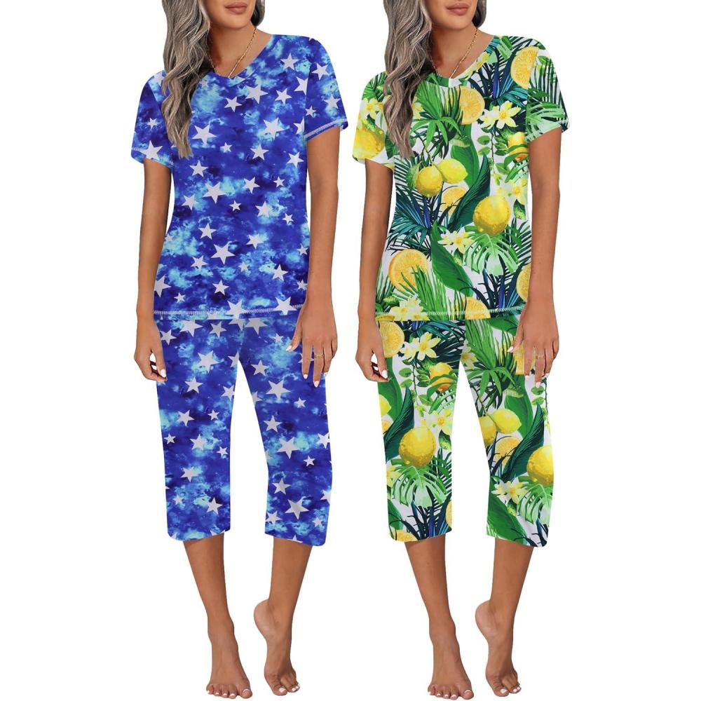 imageEkouaer 2 Pack Womens Capri Pajama Sets Short Sleeve TwoPiece Pjs V Neck Tops amp Pants Printed Lounge Sets S3XLGp6