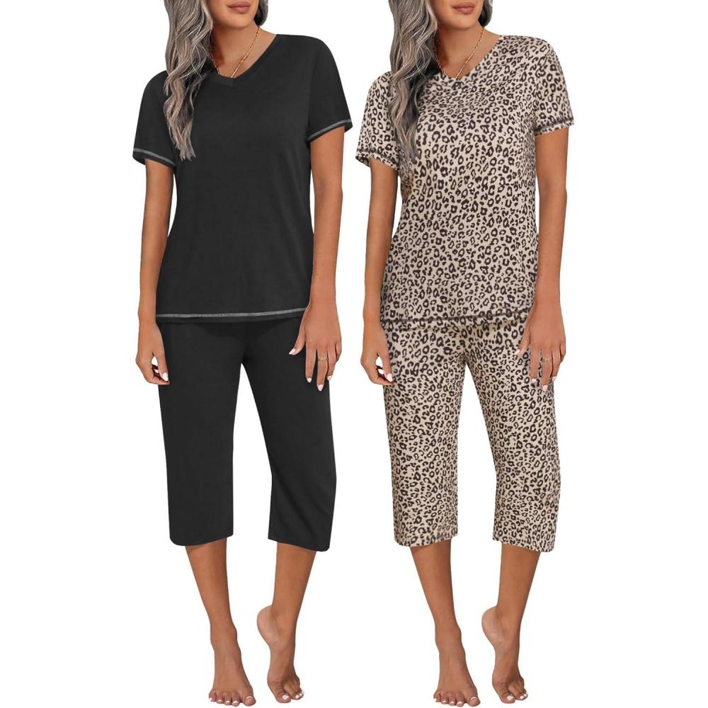 imageEkouaer 2 Pack Womens Capri Pajama Sets Short Sleeve TwoPiece Pjs V Neck Tops amp Pants Printed Lounge Sets S3XLGp7