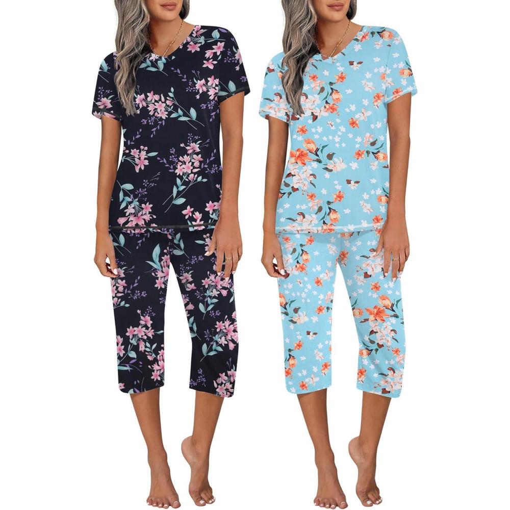 imageEkouaer 2 Pack Womens Capri Pajama Sets Short Sleeve TwoPiece Pjs V Neck Tops amp Pants Printed Lounge Sets S3XLGp8