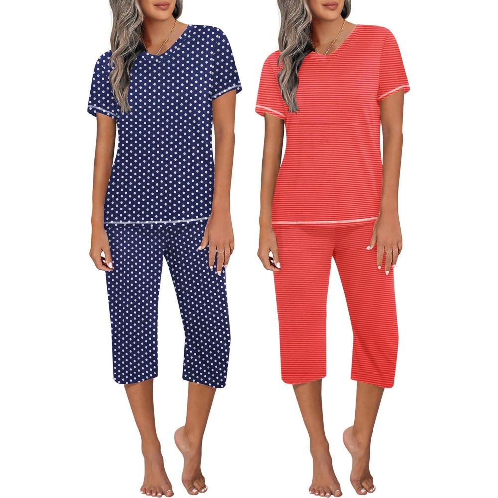 imageEkouaer 2 Pack Womens Capri Pajama Sets Short Sleeve TwoPiece Pjs V Neck Tops amp Pants Printed Lounge Sets S3XLGp9