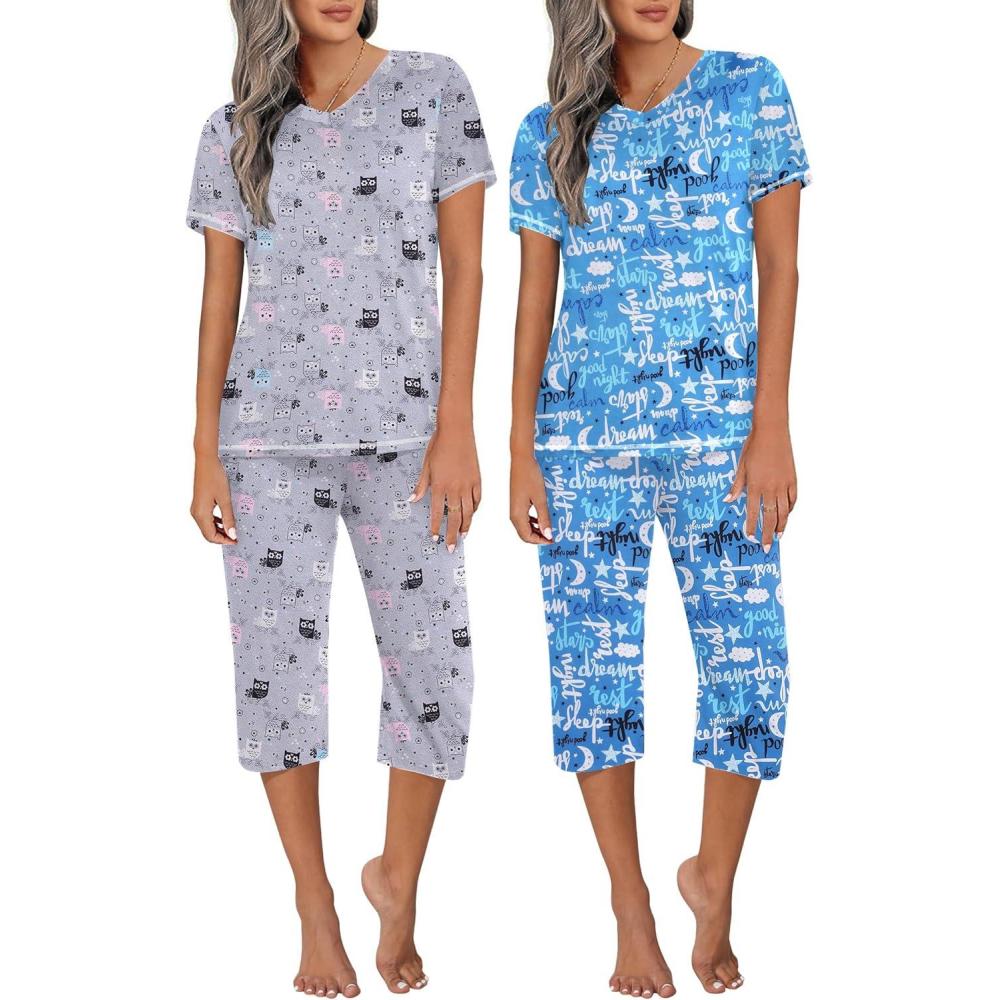 imageEkouaer 2 Pack Womens Capri Pajama Sets Short Sleeve TwoPiece Pjs V Neck Tops amp Pants Printed Lounge Sets S3XLOwlsenjoy Night