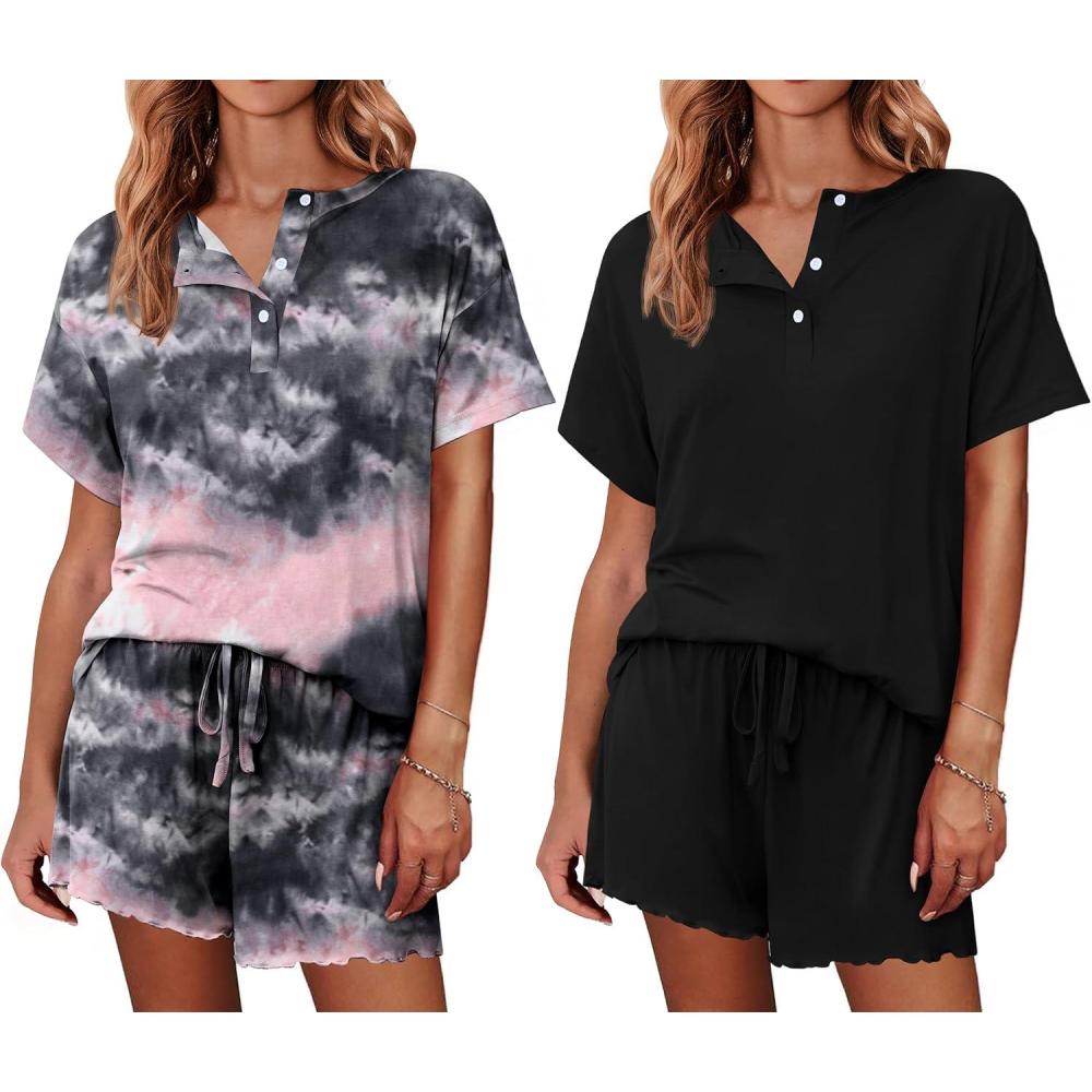 imageEkouaer 2 Pack Womens Pajama Sets Short Sleeve Top with Shorts Soft Comfy Loungewear Sleepwear SXXLAtie Dye Black PinkBlack