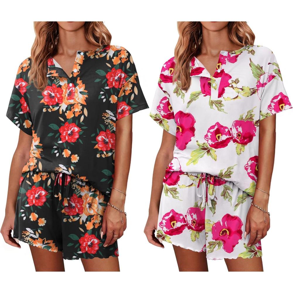 imageEkouaer 2 Pack Womens Pajama Sets Short Sleeve Top with Shorts Soft Comfy Loungewear Sleepwear SXXLRed FlowersPink Flowers