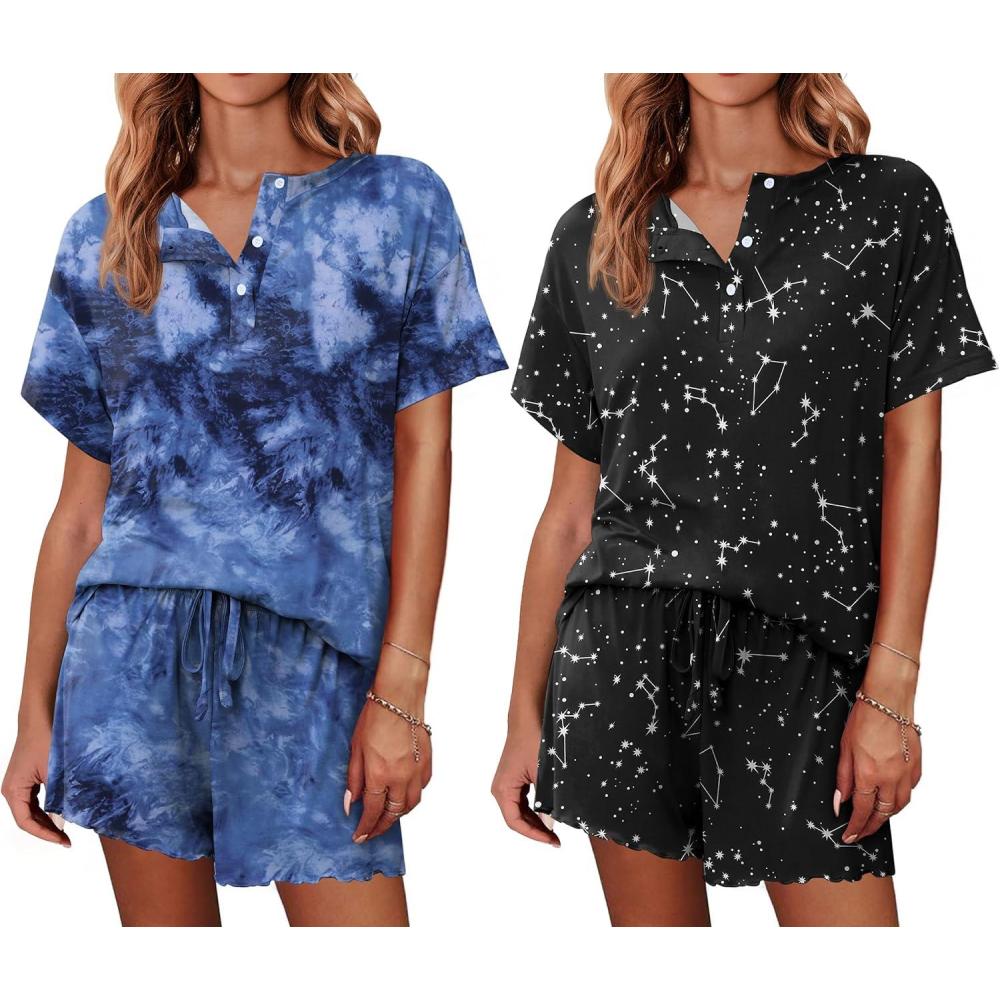 imageEkouaer 2 Pack Womens Pajama Sets Short Sleeve Top with Shorts Soft Comfy Loungewear Sleepwear SXXLTie Dye BlueBlack Sky