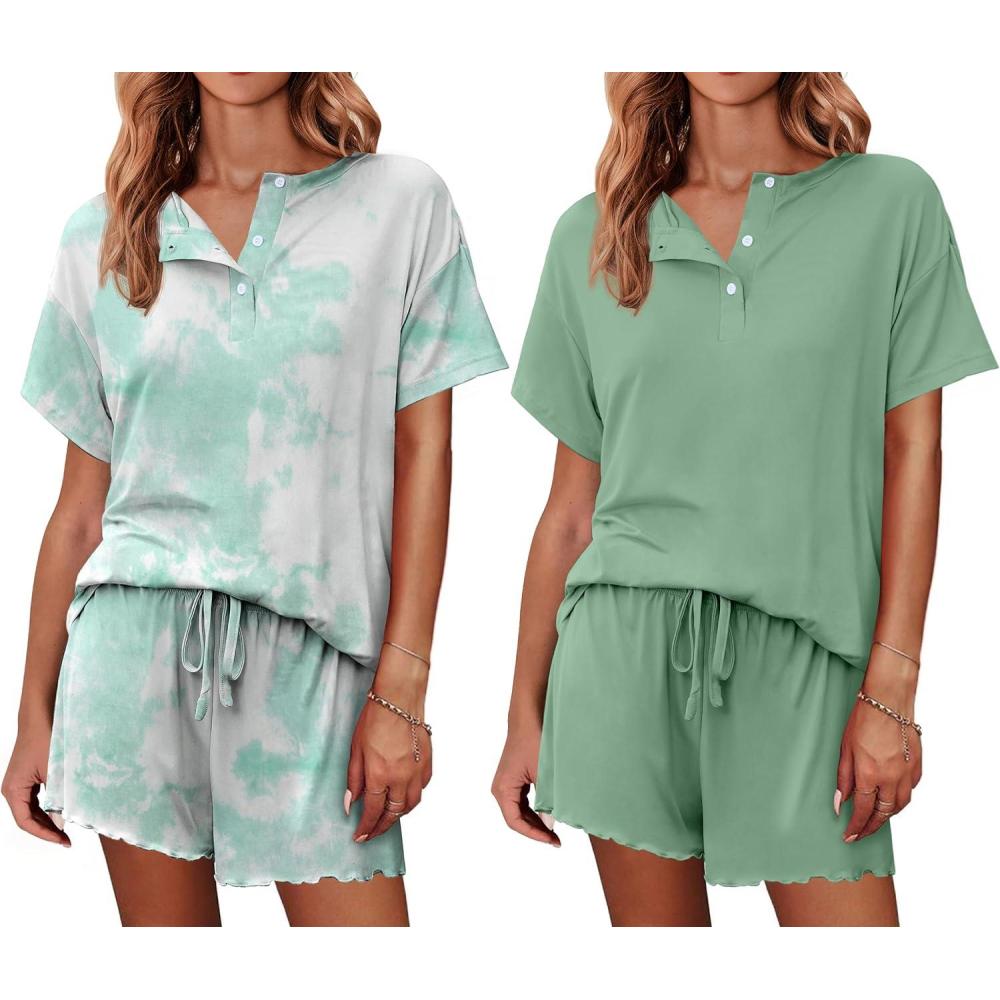 imageEkouaer 2 Pack Womens Pajama Sets Short Sleeve Top with Shorts Soft Comfy Loungewear Sleepwear SXXLTie Dye Light GreenGreen