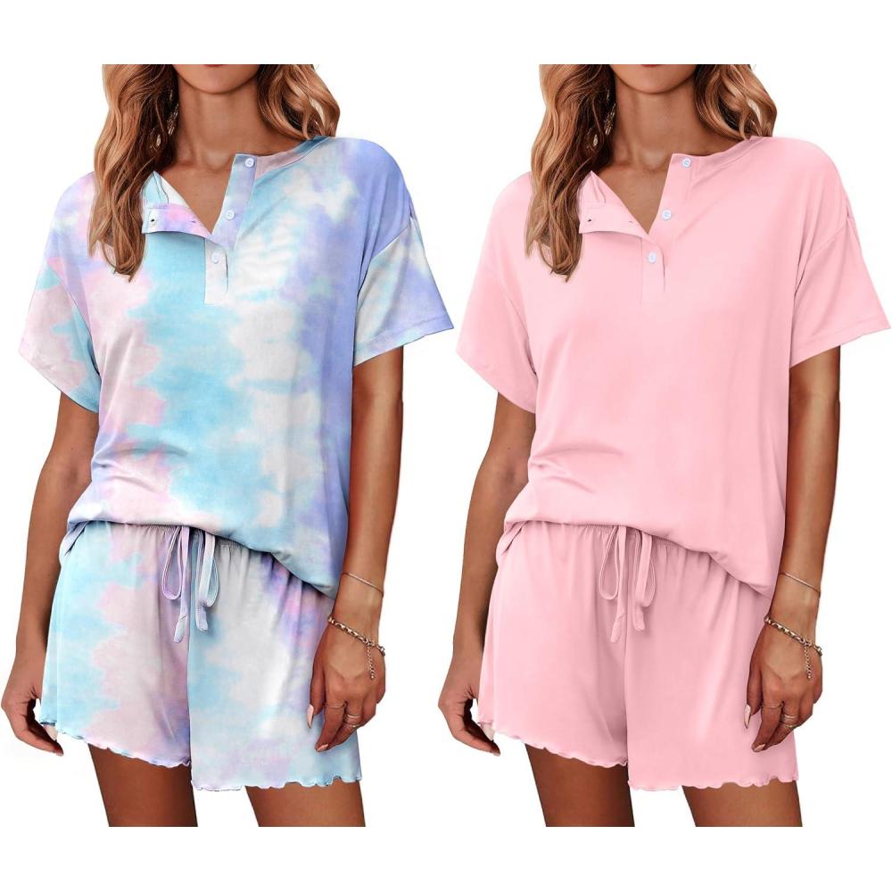 imageEkouaer 2 Pack Womens Pajama Sets Short Sleeve Top with Shorts Soft Comfy Loungewear Sleepwear SXXLTie Dye Pink BluePink
