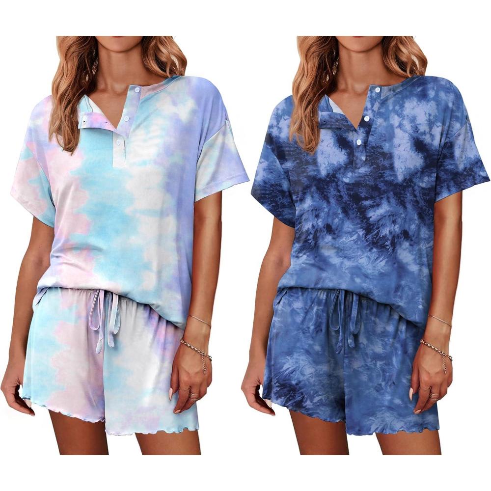 imageEkouaer 2 Pack Womens Pajama Sets Short Sleeve Top with Shorts Soft Comfy Loungewear Sleepwear SXXLTie Dye Pink BlueTie Dye Blue