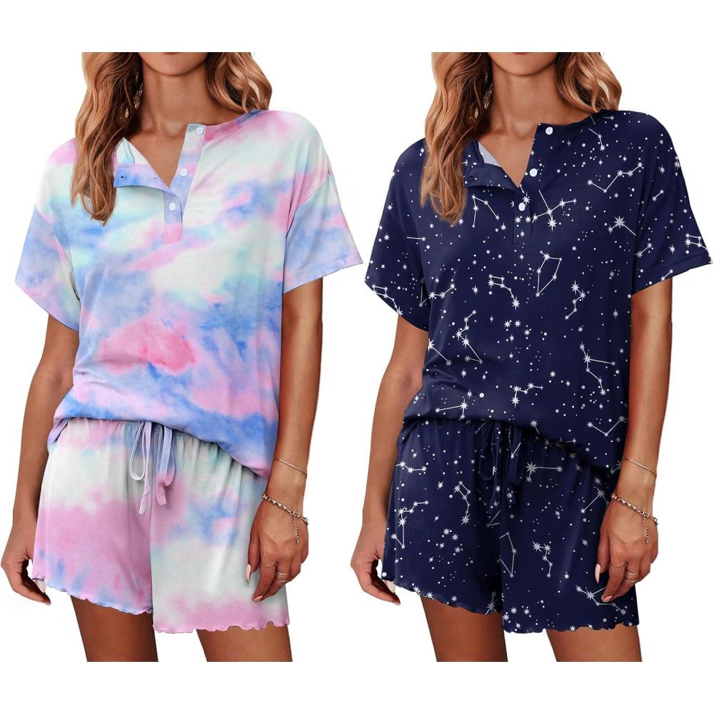 imageEkouaer 2 Pack Womens Pajama Sets Short Sleeve Top with Shorts Soft Comfy Loungewear Sleepwear SXXLTie Dye RainbowBlue Sky