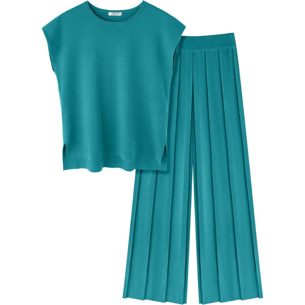 imageEkouaer Lounge Sets for Women Two Piece Outfits Knit Cap Sleeve Tops Wide Leg Pleated Pants Casual Dressy Sweater SetsBlue